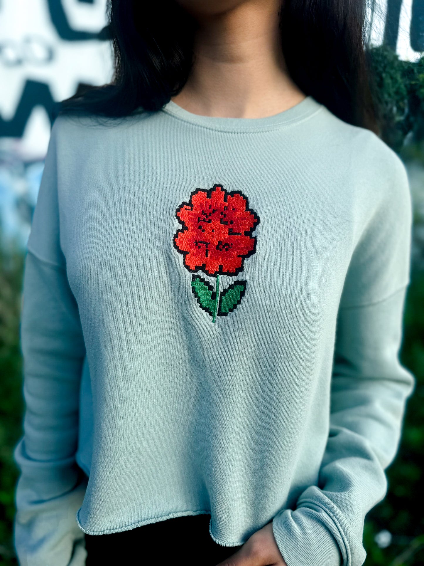 Pixeled Flower Embroidered Crop Sweatshirt